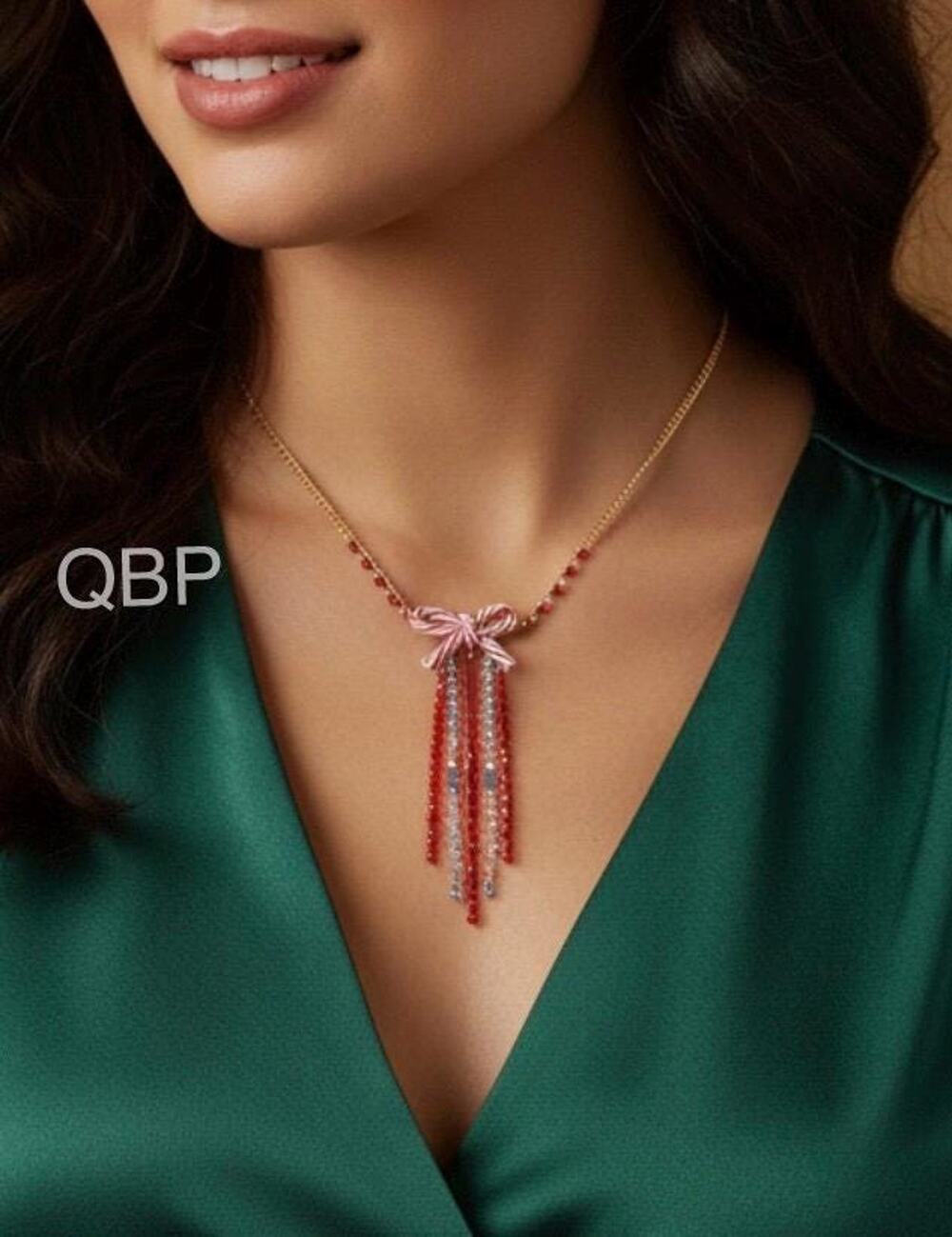 Betsey Johnson Candy Cane Bow Necklace | Crystal Tassel Rhinestones (16" Length)